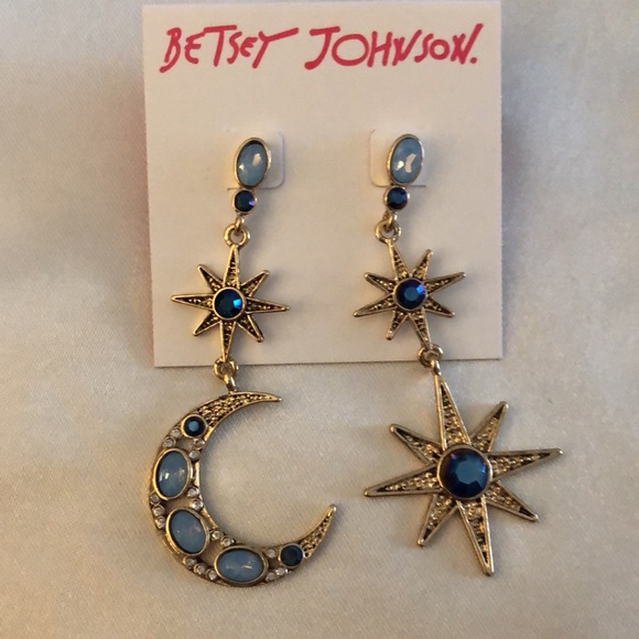 Betsey Johnson Gold Tone Celestial Star & Moon Mismatch Drop Earrings Blue NWT - Picture 3 of 10